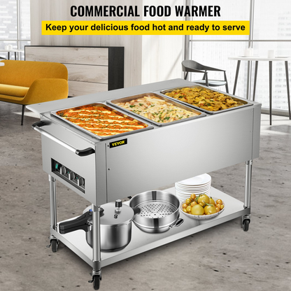 VEVOR Commercial Electric Food Warmer, 3-Pot Steam Table Food Warmer 0-100℃ w/ 2 Lockable Wheels, Professional Stainless Steel Material with ETL Certification for Catering and Restaurants