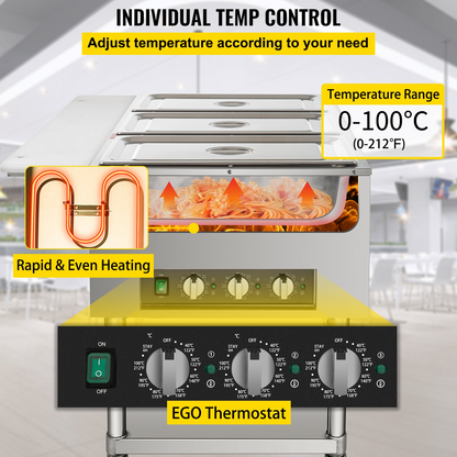 VEVOR Commercial Electric Food Warmer, 3-Pot Steam Table Food Warmer 0-100℃ w/ 2 Lockable Wheels, Professional Stainless Steel Material with ETL Certification for Catering and Restaurants