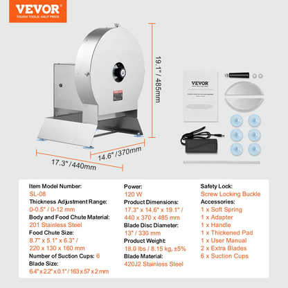 VEVOR Electric Vegetable Slicer, 0-0.5"/0-12mm Thickness Adjustable Commercial Slicer Machine, Convertible to Manual, Stainless Steel Food Cutter Slicing Machine, Large Feed Port for Potato, Tomato