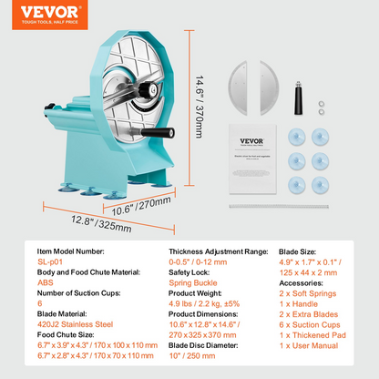 VEVOR Manual Vegetable Fruit Slicer, 0-0.5"/0-12mm Thickness Adjustable Commercial Slicer Machine, Double Feed Ports, Stainless Steel Blade Food Cutter Slicing Machine for Cucumber, Lemon, Tomato