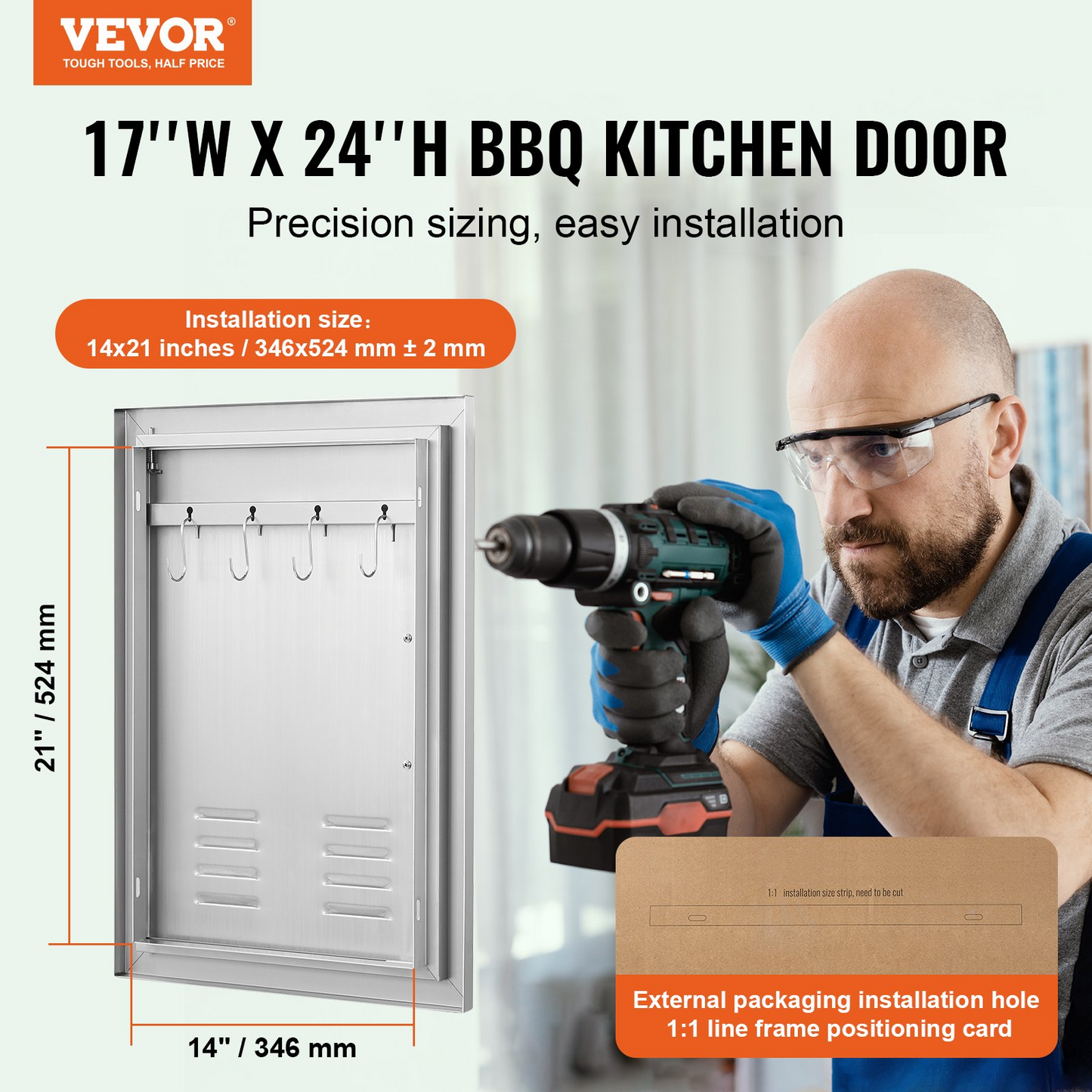 VEVOR BBQ Access Door, 17W x 24H Inch Single Outdoor Kitchen Door, Stainless Steel Flush Mount Door, Wall Vertical Door with Handle, Vents and Hook, for BBQ Island, Grilling Station, Outside Cabinet