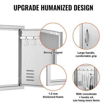 VEVOR BBQ Access Door, 17W x 24H Inch Single Outdoor Kitchen Door, Stainless Steel Flush Mount Door, Wall Vertical Door with Handle, Vents and Hook, for BBQ Island, Grilling Station, Outside Cabinet