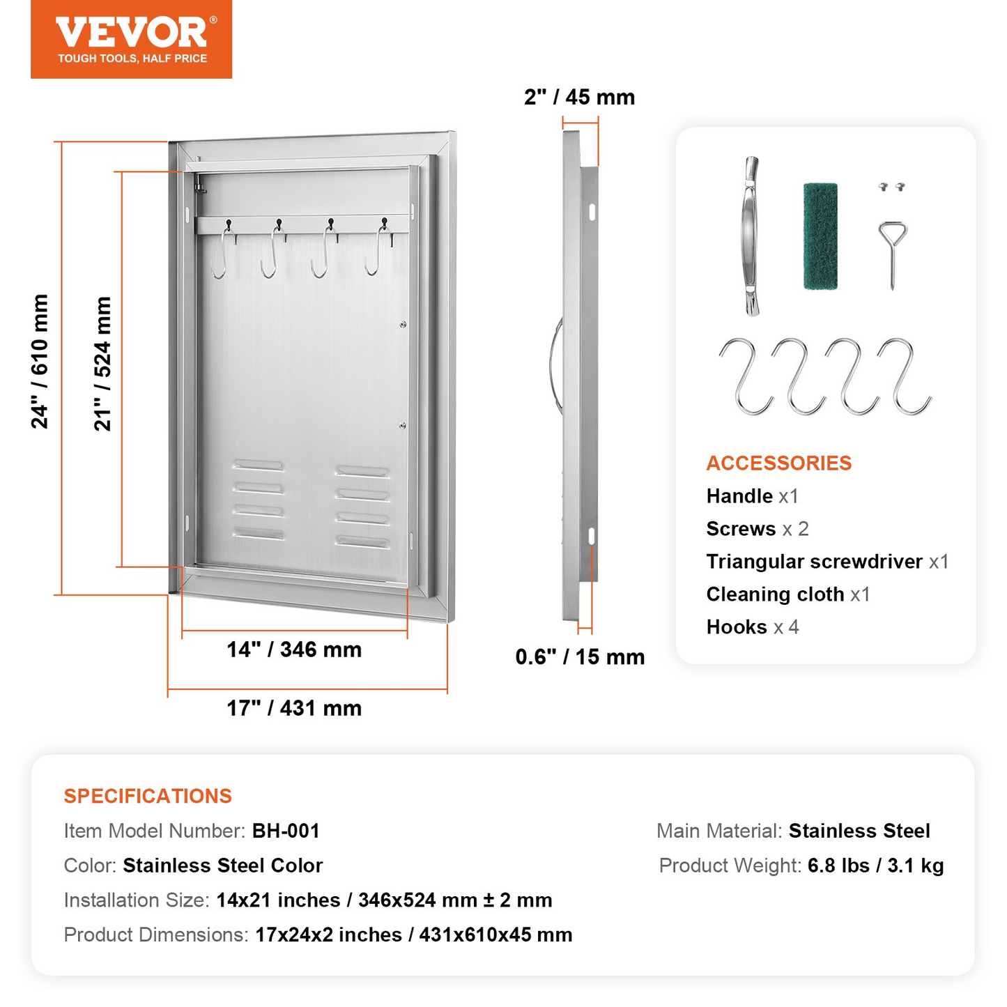 VEVOR BBQ Access Door, 17W x 24H Inch Single Outdoor Kitchen Door, Stainless Steel Flush Mount Door, Wall Vertical Door with Handle, Vents and Hook, for BBQ Island, Grilling Station, Outside Cabinet