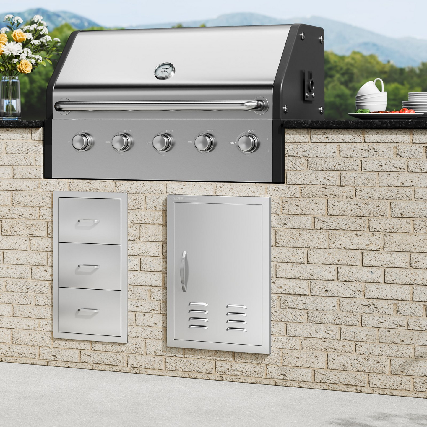 VEVOR BBQ Access Door, 17W x 24H Inch Single Outdoor Kitchen Door, Stainless Steel Flush Mount Door, Wall Vertical Door with Handle, Vents and Hook, for BBQ Island, Grilling Station, Outside Cabinet