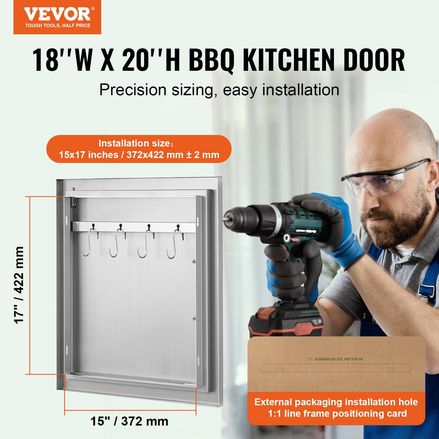 VEVOR BBQ Access Door, 18W x 20H Inch Single Outdoor Kitchen Door, Stainless Steel Flush Mount Door, Wall Vertical Door with Handle and Hook, for BBQ Island, Grilling Station, Outside Cabinet