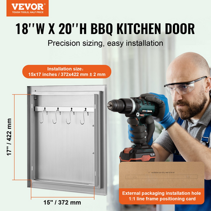 VEVOR BBQ Access Door, 18W x 20H Inch Single Outdoor Kitchen Door, Stainless Steel Flush Mount Door, Wall Vertical Door with Handle and Hook, for BBQ Island, Grilling Station, Outside Cabinet