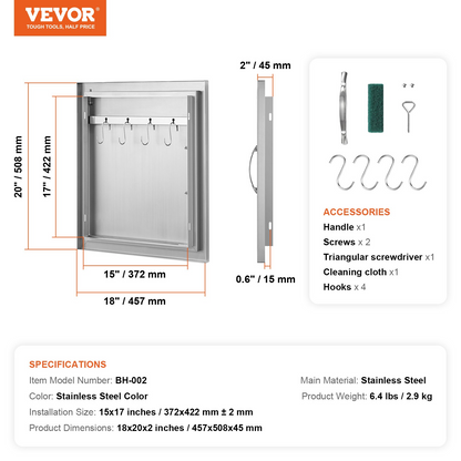 VEVOR BBQ Access Door, 18W x 20H Inch Single Outdoor Kitchen Door, Stainless Steel Flush Mount Door, Wall Vertical Door with Handle and Hook, for BBQ Island, Grilling Station, Outside Cabinet