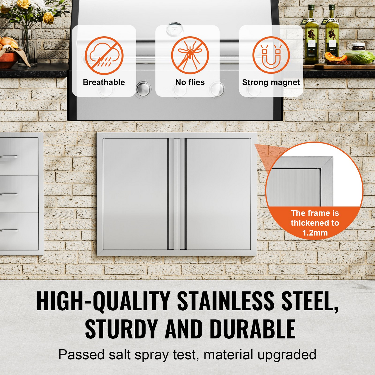 VEVOR BBQ Access Door, 31W x 24H Inch Double Outdoor Kitchen Door, Stainless Steel Flush Mount Door, Wall Vertical Door with Recessed Handles , for BBQ Island, Grilling Station, Outside Cabinet