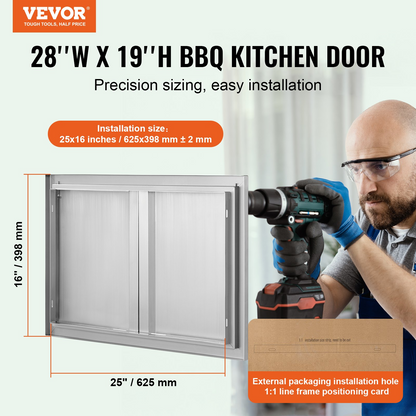 VEVOR BBQ Access Door, 28W x 19H Inch Double Outdoor Kitchen Door, Stainless Steel Flush Mount Door, Wall Vertical Door with Recessed Handles , for BBQ Island, Grilling Station, Outside Cabinet