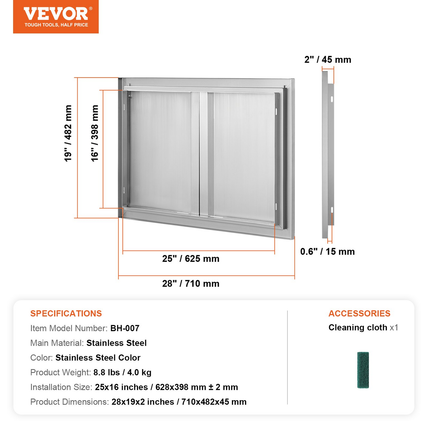 VEVOR BBQ Access Door, 28W x 19H Inch Double Outdoor Kitchen Door, Stainless Steel Flush Mount Door, Wall Vertical Door with Recessed Handles , for BBQ Island, Grilling Station, Outside Cabinet