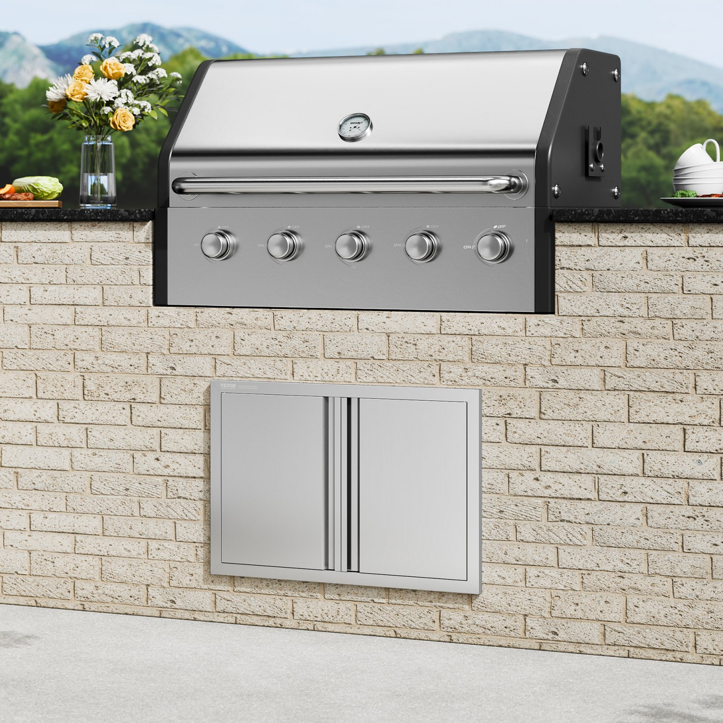 VEVOR BBQ Access Door, 28W x 19H Inch Double Outdoor Kitchen Door, Stainless Steel Flush Mount Door, Wall Vertical Door with Recessed Handles , for BBQ Island, Grilling Station, Outside Cabinet