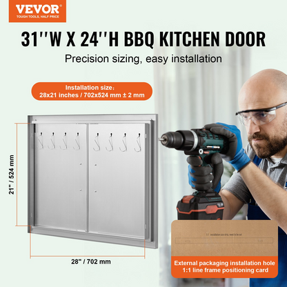 VEVOR BBQ Access Door, 31W x 24H Inch Double Outdoor Kitchen Door, Stainless Steel Flush Mount Door, Double Wall Vertical Door with Handles and Hooks, for BBQ Island, Grilling Station, Outside Cabinet