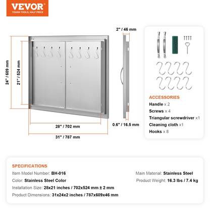 VEVOR BBQ Access Door, 31W x 24H Inch Double Outdoor Kitchen Door, Stainless Steel Flush Mount Door, Double Wall Vertical Door with Handles and Hooks, for BBQ Island, Grilling Station, Outside Cabinet