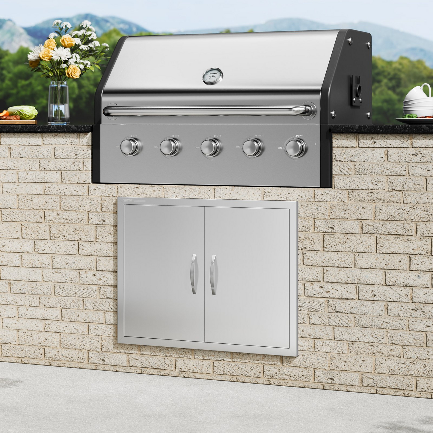 VEVOR BBQ Access Door, 31W x 24H Inch Double Outdoor Kitchen Door, Stainless Steel Flush Mount Door, Double Wall Vertical Door with Handles and Hooks, for BBQ Island, Grilling Station, Outside Cabinet