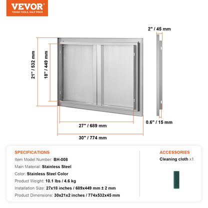 VEVOR BBQ Access Door, 30W x 21H Inch Double Outdoor Kitchen Door, Stainless Steel Flush Mount Door, Wall Vertical Door with Recessed Handles , for BBQ Island, Grilling Station, Outside Cabinet