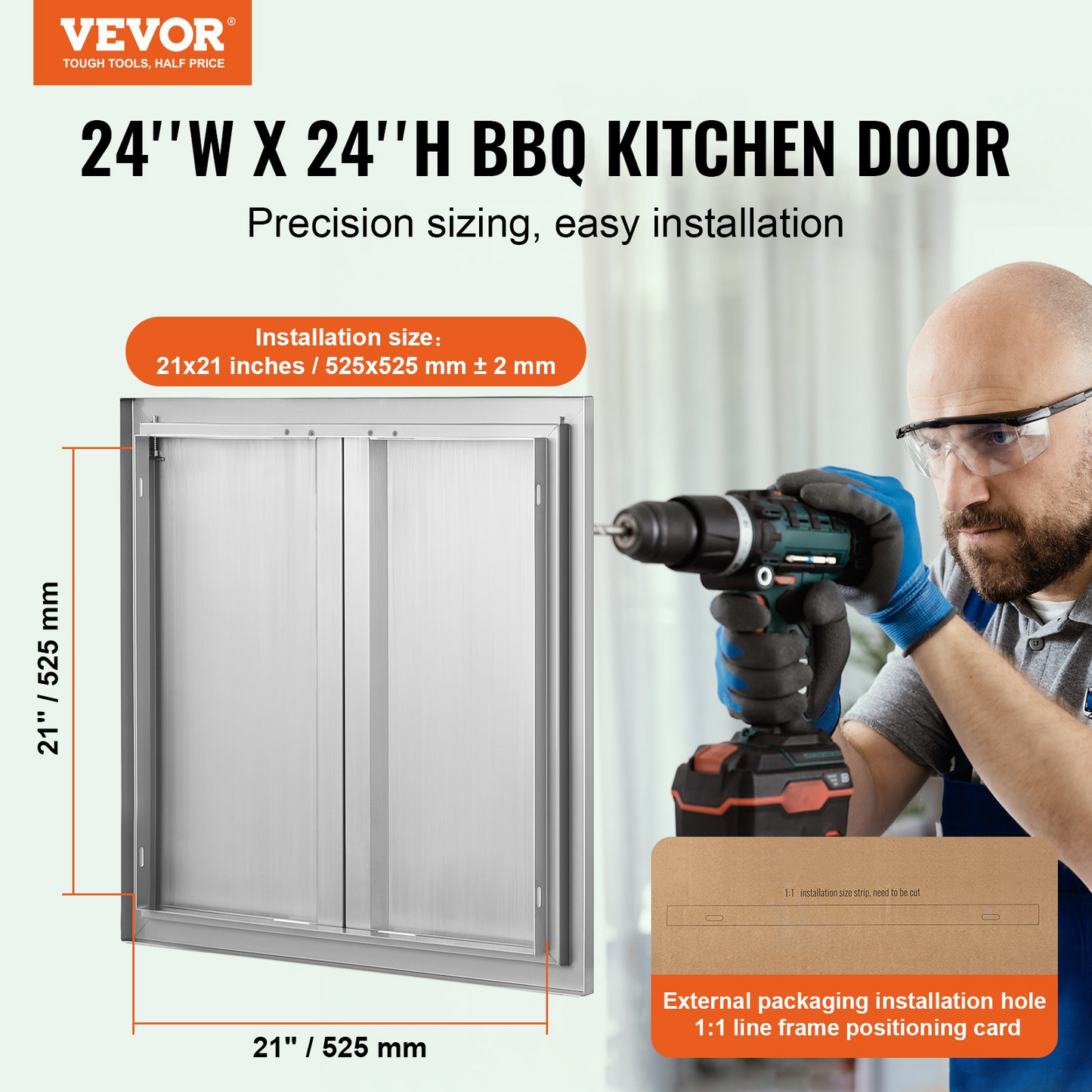 VEVOR BBQ Access Door, 24W x 24H Inch Double Outdoor Kitchen Door, Stainless Steel Flush Mount Door, Wall Vertical Door with Recessed Handles , for BBQ Island, Grilling Station, Outside Cabinet