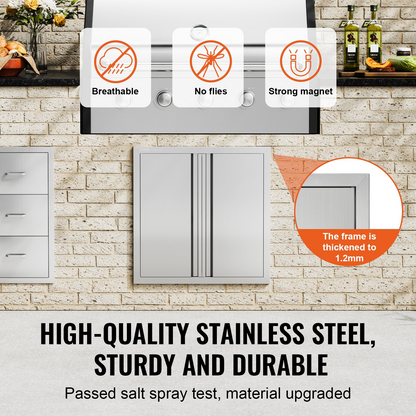 VEVOR BBQ Access Door, 24W x 24H Inch Double Outdoor Kitchen Door, Stainless Steel Flush Mount Door, Wall Vertical Door with Recessed Handles , for BBQ Island, Grilling Station, Outside Cabinet