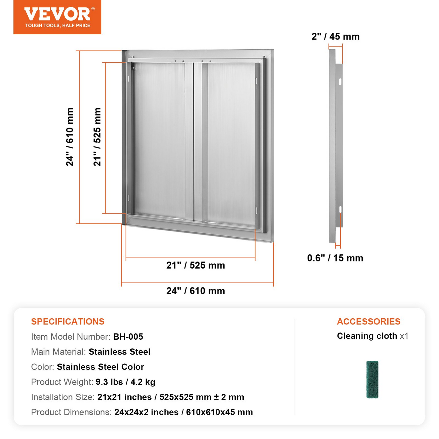 VEVOR BBQ Access Door, 24W x 24H Inch Double Outdoor Kitchen Door, Stainless Steel Flush Mount Door, Wall Vertical Door with Recessed Handles , for BBQ Island, Grilling Station, Outside Cabinet