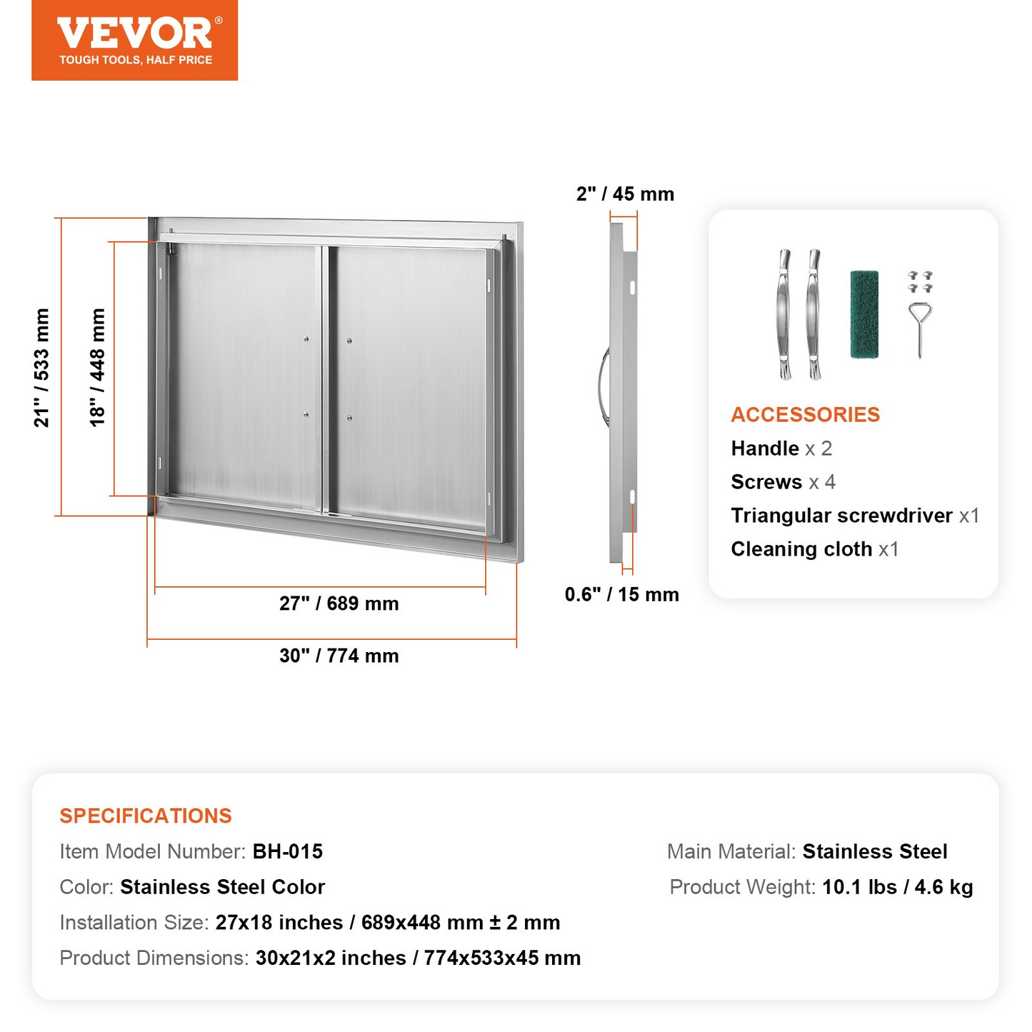 VEVOR BBQ Access Door, 30W x 21H Inch Double Outdoor Kitchen Door, Stainless Steel Flush Mount Door, Wall Vertical Door with Handles, for BBQ Island, Grilling Station, Outside Cabinet