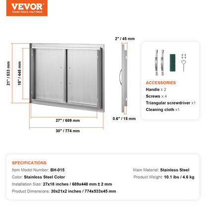 VEVOR BBQ Access Door, 30W x 21H Inch Double Outdoor Kitchen Door, Stainless Steel Flush Mount Door, Wall Vertical Door with Handles, for BBQ Island, Grilling Station, Outside Cabinet