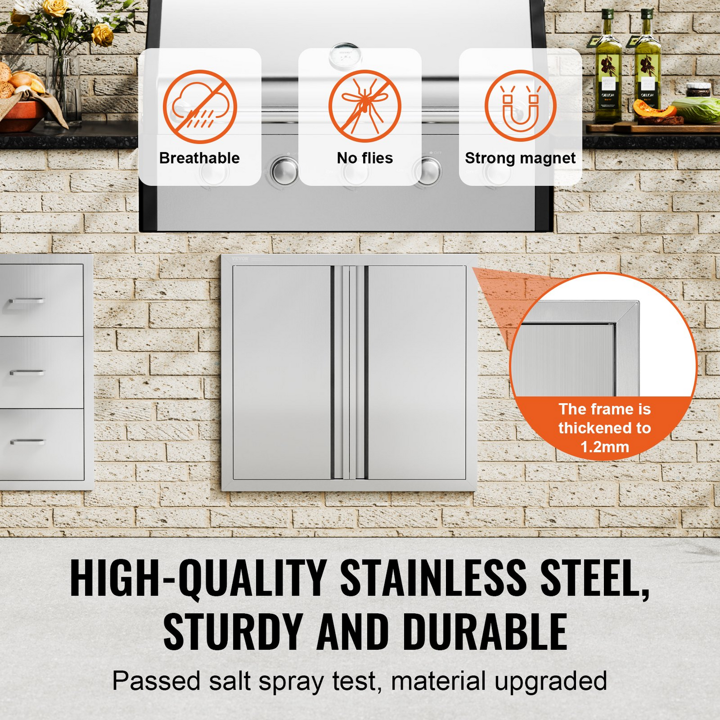 VEVOR BBQ Access Door, 26W x 24H Inch Double Outdoor Kitchen Door, Stainless Steel Flush Mount Door, Wall Vertical Door with Recessed Handles , for BBQ Island, Grilling Station, Outside Cabinet