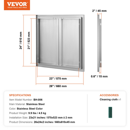 VEVOR BBQ Access Door, 26W x 24H Inch Double Outdoor Kitchen Door, Stainless Steel Flush Mount Door, Wall Vertical Door with Recessed Handles , for BBQ Island, Grilling Station, Outside Cabinet