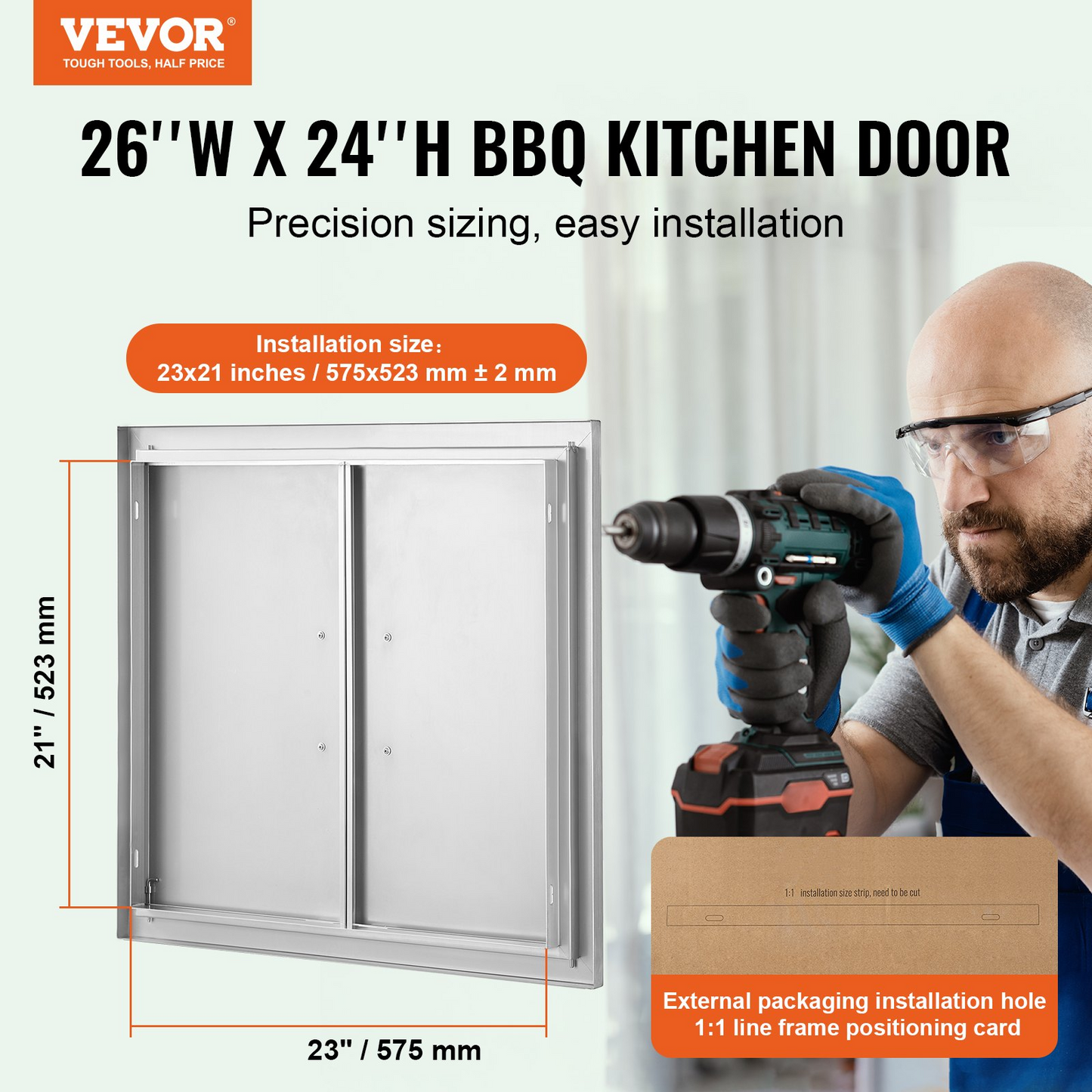 VEVOR BBQ Access Door, 26W x 24H Inch Double Outdoor Kitchen Door, Stainless Steel Flush Mount Door, Wall Vertical Door with Handles, for BBQ Island, Grilling Station, Outside Cabinet