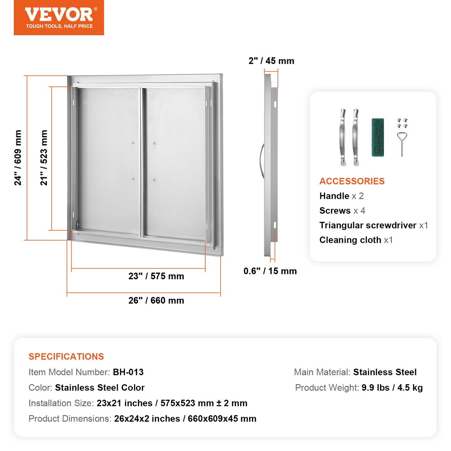 VEVOR BBQ Access Door, 26W x 24H Inch Double Outdoor Kitchen Door, Stainless Steel Flush Mount Door, Wall Vertical Door with Handles, for BBQ Island, Grilling Station, Outside Cabinet