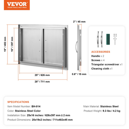 VEVOR BBQ Access Door, 28W x 19H Inch Double Outdoor Kitchen Door, Stainless Steel Flush Mount Door, Wall Vertical Door with Handles, for BBQ Island, Grilling Station, Outside Cabinet