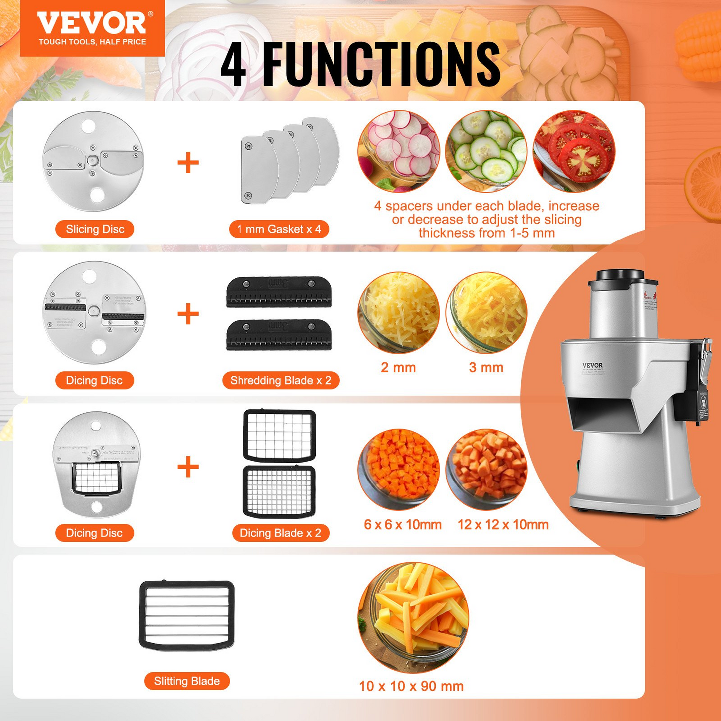 VEVOR Electric Vegetable Slicer, 4 in 1 Multifunctional Food Cutter, 200W Vegetable Chopper for Slicing Shredding Dicing and Slitting, with Cut-Resistant Gloves, for Commercial and Home Use