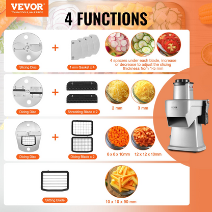 VEVOR Electric Vegetable Slicer, 4 in 1 Multifunctional Food Cutter, 200W Vegetable Chopper for Slicing Shredding Dicing and Slitting, with Cut-Resistant Gloves, for Commercial and Home Use