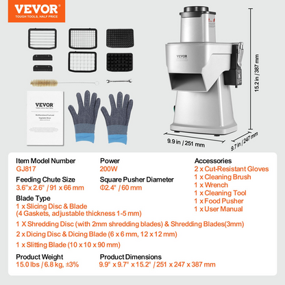 VEVOR Electric Vegetable Slicer, 4 in 1 Multifunctional Food Cutter, 200W Vegetable Chopper for Slicing Shredding Dicing and Slitting, with Cut-Resistant Gloves, for Commercial and Home Use