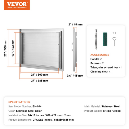 VEVOR BBQ Access Door, 27W x 20H Inch Single Outdoor Kitchen Door, Stainless Steel Flush Mount Door, Wall Vertical Door with Handle, for BBQ Island, Grilling Station, Outside Cabinet