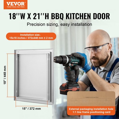 VEVOR BBQ Access Door, 18W x 21H Inch Single Outdoor Kitchen Door, Stainless Steel Flush Mount Door, Wall Vertical Door with Recessed Handle, for BBQ Island, Grilling Station, Outside Cabinet