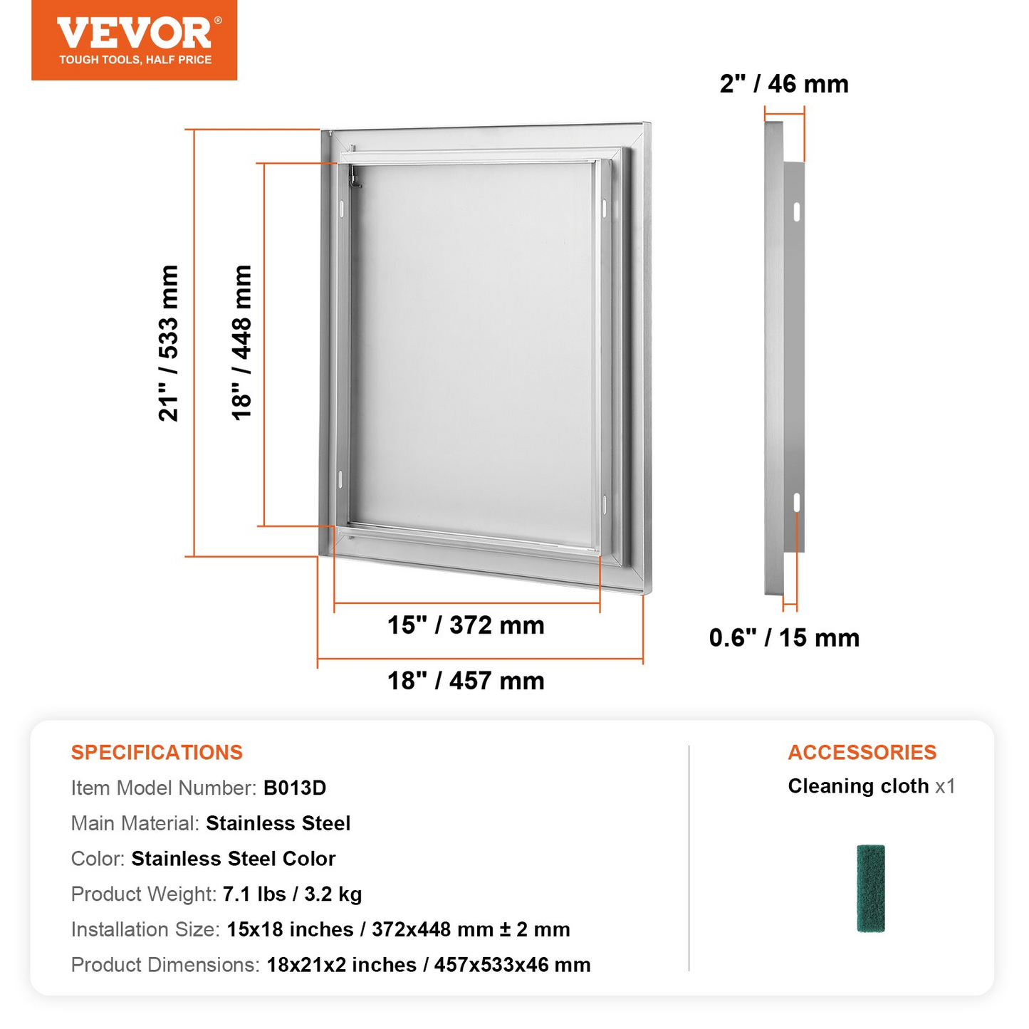 VEVOR BBQ Access Door, 18W x 21H Inch Single Outdoor Kitchen Door, Stainless Steel Flush Mount Door, Wall Vertical Door with Recessed Handle, for BBQ Island, Grilling Station, Outside Cabinet