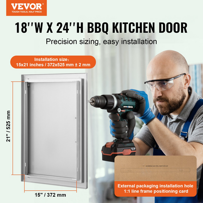 VEVOR BBQ Access Door, 18W x 24H Inch Single Outdoor Kitchen Door, Stainless Steel Flush Mount Door, Wall Vertical Door with Handle, for BBQ Island, Grilling Station, Outside Cabinet