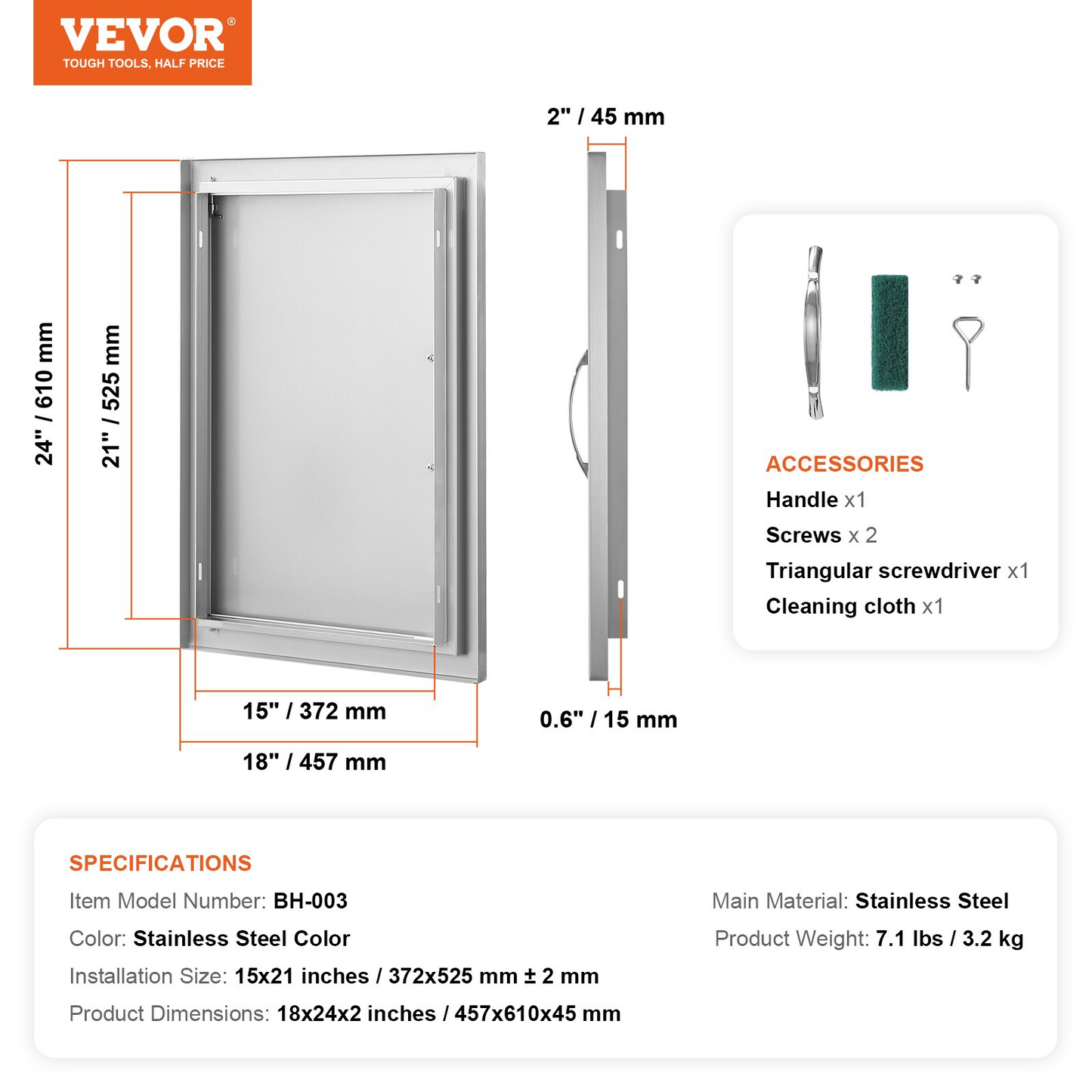 VEVOR BBQ Access Door, 18W x 24H Inch Single Outdoor Kitchen Door, Stainless Steel Flush Mount Door, Wall Vertical Door with Handle, for BBQ Island, Grilling Station, Outside Cabinet