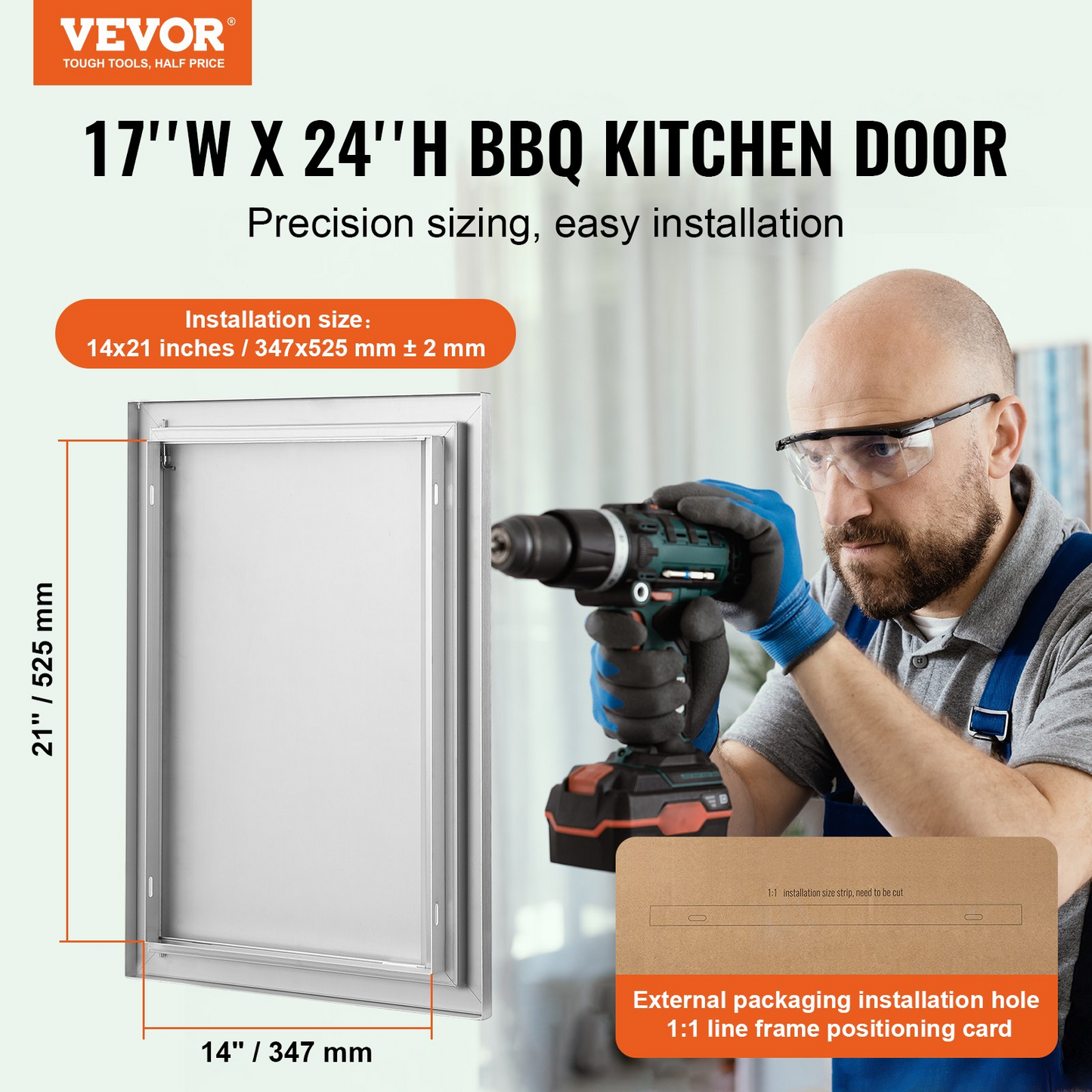 VEVOR BBQ Access Door, 17W x 24H Inch Single Outdoor Kitchen Door, Stainless Steel Flush Mount Door, Wall Vertical Door with Recessed Handle, for BBQ Island, Grilling Station, Outside Cabinet