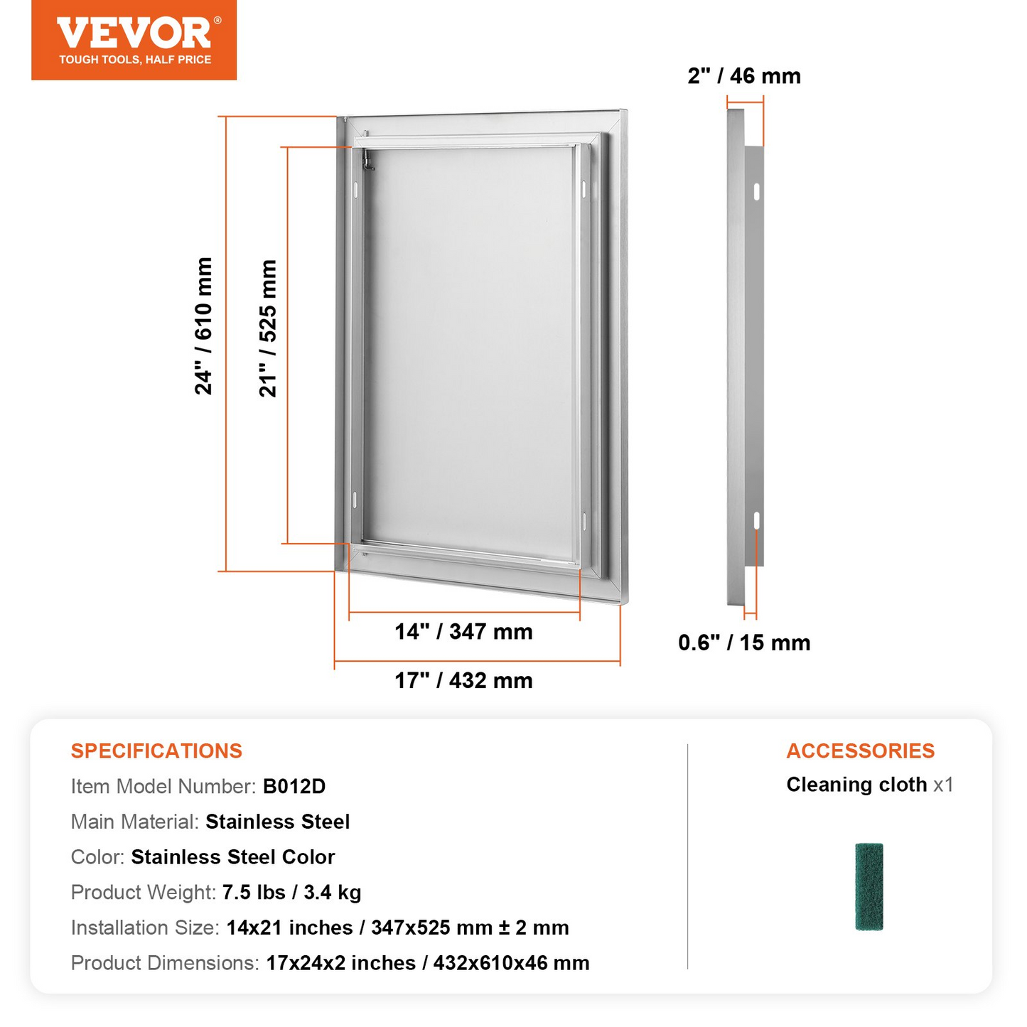 VEVOR BBQ Access Door, 17W x 24H Inch Single Outdoor Kitchen Door, Stainless Steel Flush Mount Door, Wall Vertical Door with Recessed Handle, for BBQ Island, Grilling Station, Outside Cabinet