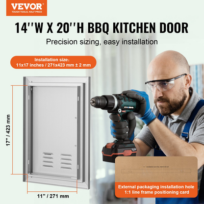 VEVOR BBQ Access Door, 14W x 20H Inch Single Outdoor Kitchen Door, Stainless Steel Flush Mount Door, Wall Vertical Door with Handle and vents, for BBQ Island, Grilling Station, Outside Cabinet