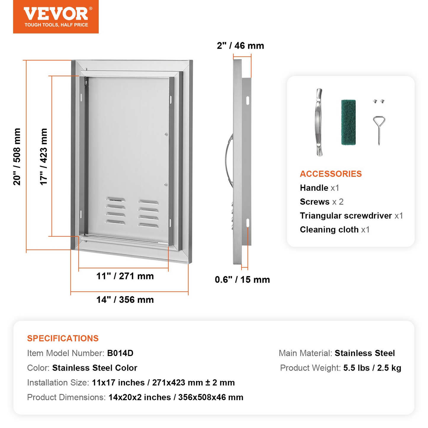 VEVOR BBQ Access Door, 14W x 20H Inch Single Outdoor Kitchen Door, Stainless Steel Flush Mount Door, Wall Vertical Door with Handle and vents, for BBQ Island, Grilling Station, Outside Cabinet