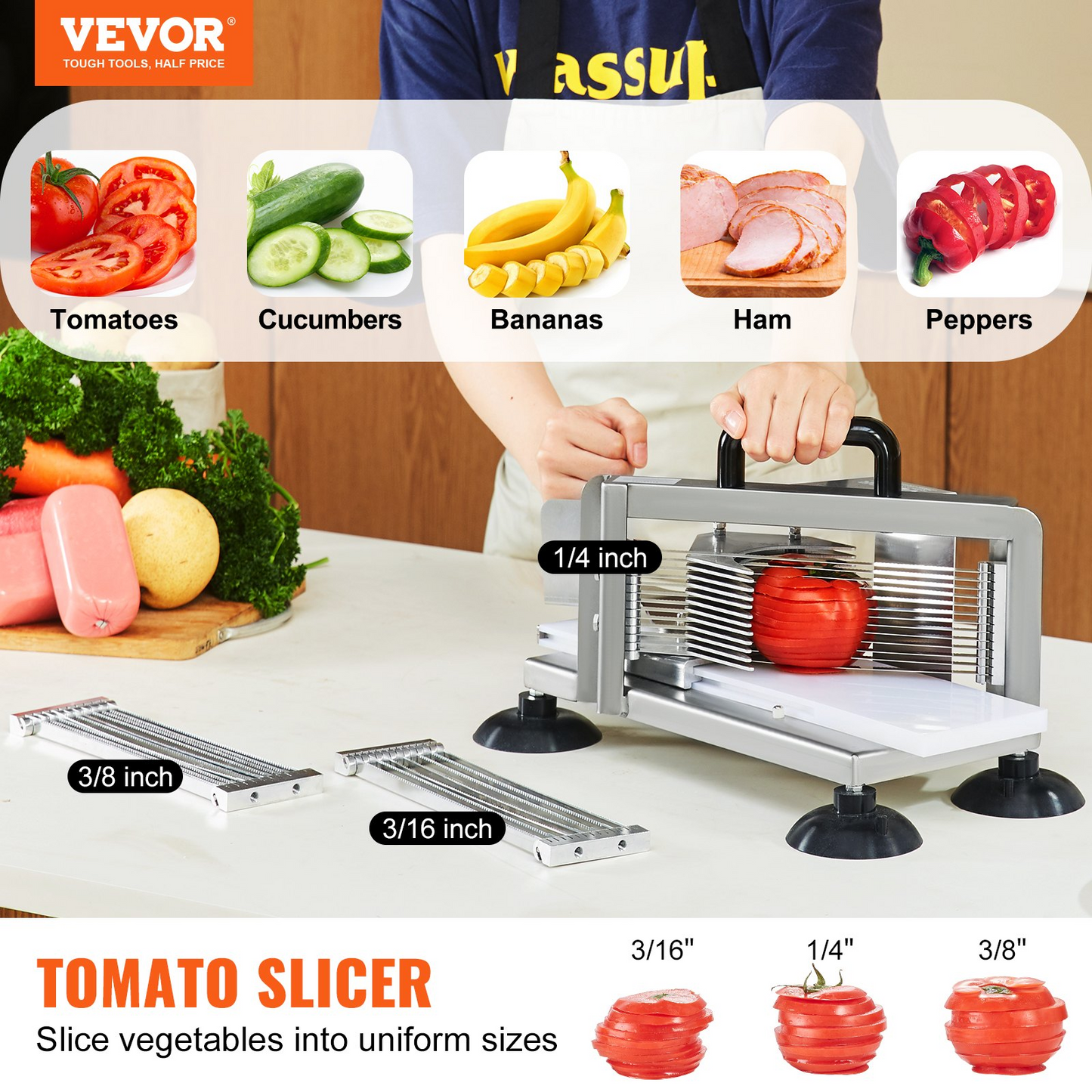 VEVOR Commercial Tomato Slicer, 1/4"+3/8"+3/16" Tomato Cutter Slicer, Stainless Steel Heavy Duty Tomato Slicer Machine, Manual Tomato Slicer with Non-slip Feet, Cutting Tomatoes, Cucumbers, Bananas