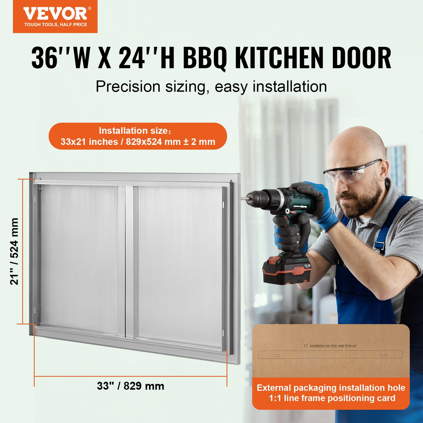 VEVOR BBQ Access Door, 36W x 24H Inch Double Outdoor Kitchen Door, Stainless Steel Flush Mount Door, Wall Vertical Door with Recessed Handles , for BBQ Island, Grilling Station, Outside Cabinet