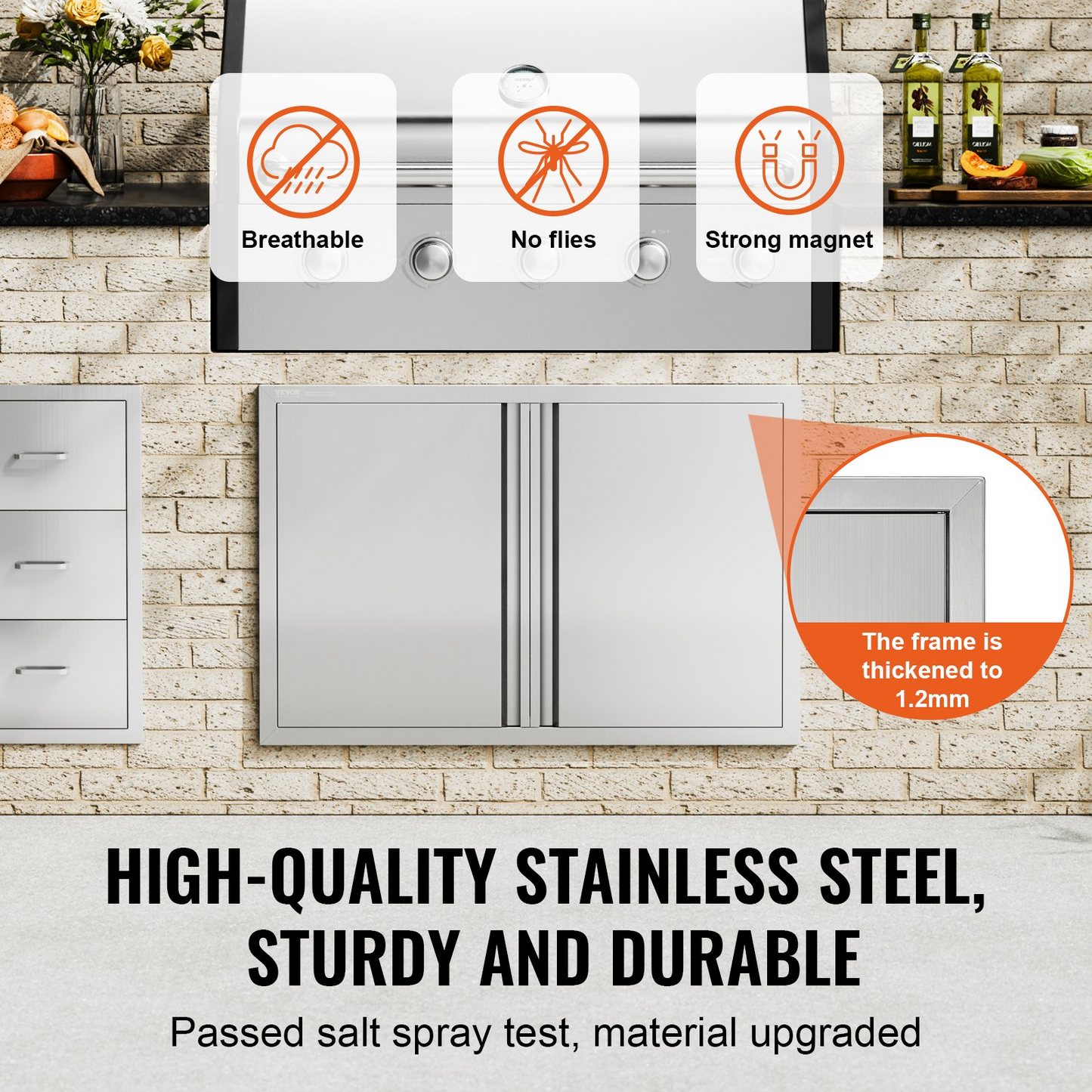 VEVOR BBQ Access Door, 36W x 24H Inch Double Outdoor Kitchen Door, Stainless Steel Flush Mount Door, Wall Vertical Door with Recessed Handles , for BBQ Island, Grilling Station, Outside Cabinet