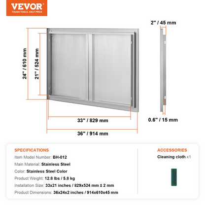 VEVOR BBQ Access Door, 36W x 24H Inch Double Outdoor Kitchen Door, Stainless Steel Flush Mount Door, Wall Vertical Door with Recessed Handles , for BBQ Island, Grilling Station, Outside Cabinet