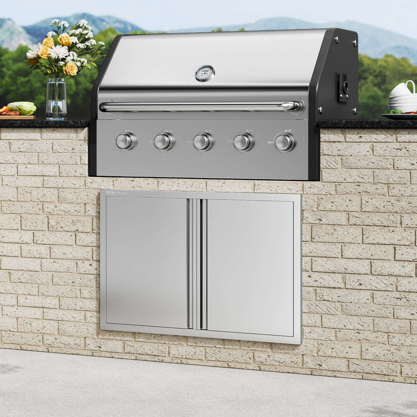 VEVOR BBQ Access Door, 36W x 24H Inch Double Outdoor Kitchen Door, Stainless Steel Flush Mount Door, Wall Vertical Door with Recessed Handles , for BBQ Island, Grilling Station, Outside Cabinet