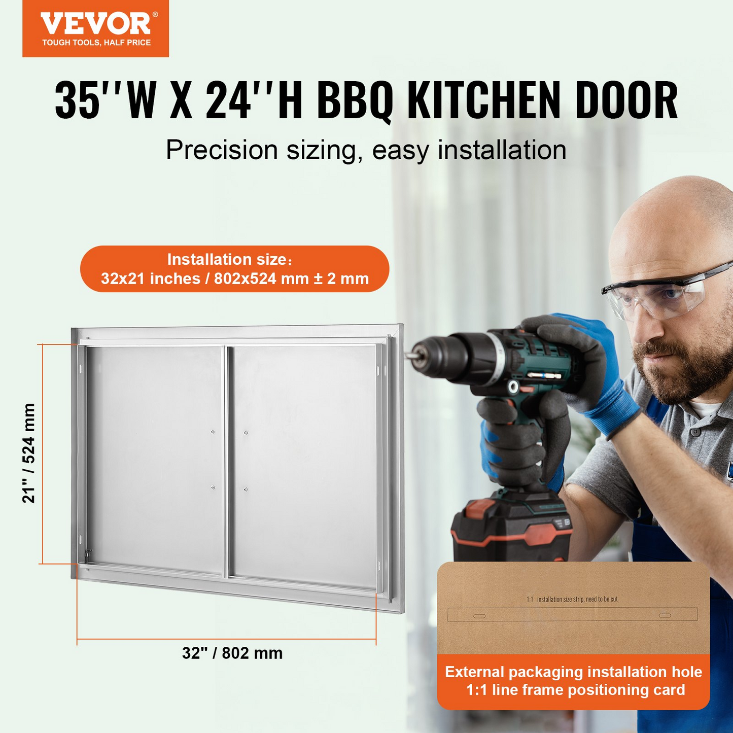 VEVOR BBQ Access Door, 35W x 24H Inch Double Outdoor Kitchen Door, Stainless Steel Flush Mount Door, Wall Vertical Door with Handles, for BBQ Island, Grilling Station, Outside Cabinet