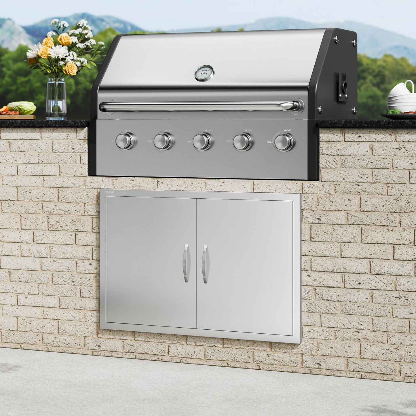 VEVOR BBQ Access Door, 35W x 24H Inch Double Outdoor Kitchen Door, Stainless Steel Flush Mount Door, Wall Vertical Door with Handles, for BBQ Island, Grilling Station, Outside Cabinet