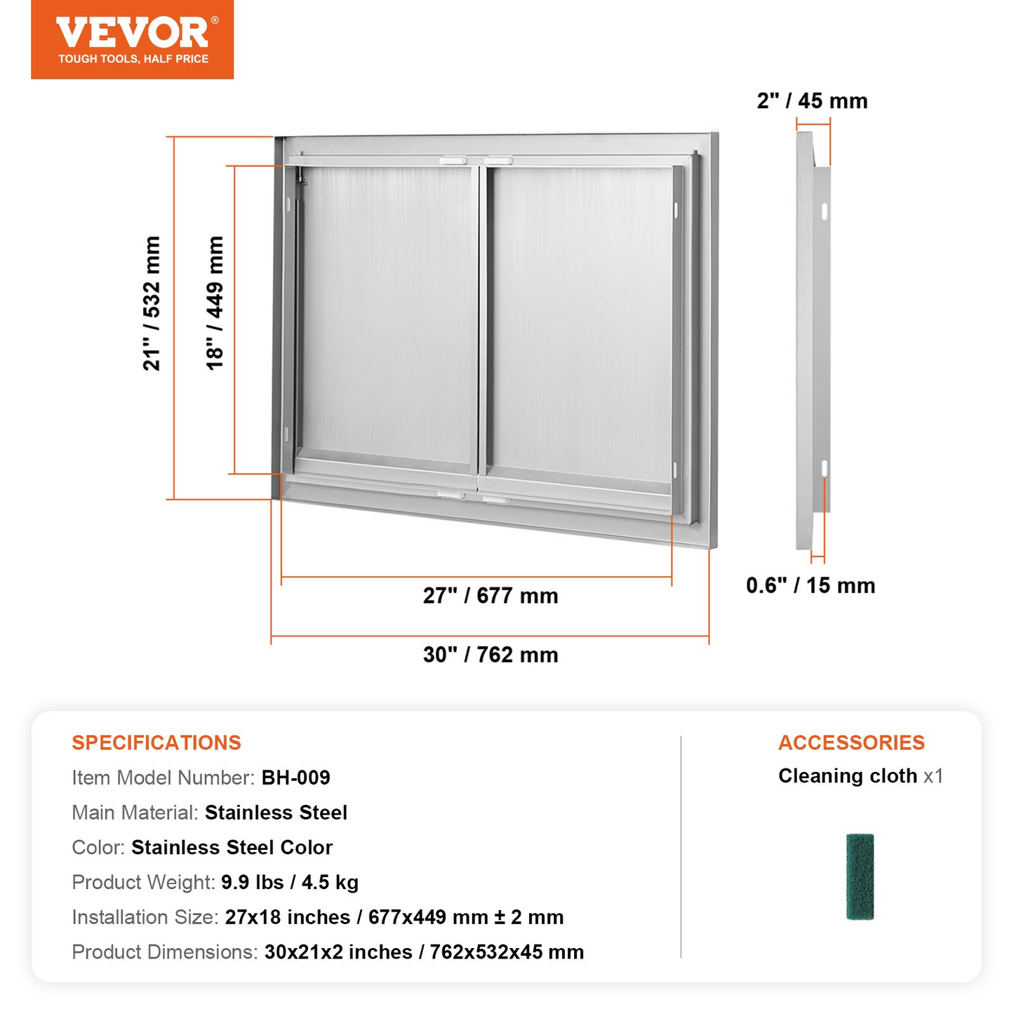 VEVOR BBQ Access Door, 30W x 21H Inch Double Outdoor Kitchen Door, Stainless Steel Flush Mount Door, Wall Vertical Door with Recessed Handles , for BBQ Island, Grilling Station, Outside Cabinet