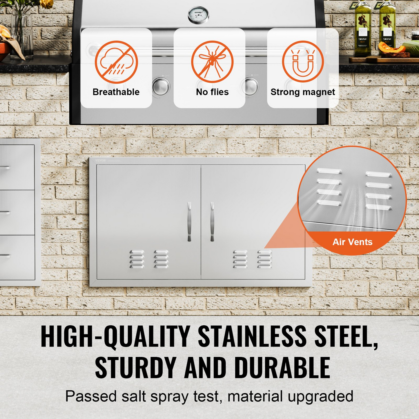 VEVOR BBQ Access Door, 36W x 21H Inch Double Outdoor Kitchen Door, Stainless Steel Flush Mount Door, Wall Vertical Door with Handles and Vents, for BBQ Island, Grilling Station, Outside Cabinet